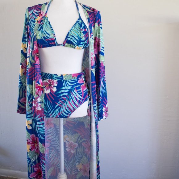 Other - NWOT Tropical 3-Piece Bikini w/Cover-up Kimono- L